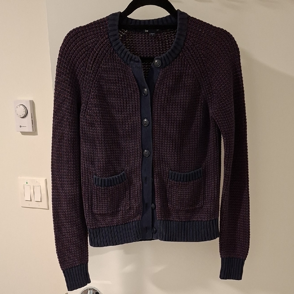 Gap Women's Navy & Purple 100% Cotton Cardigan Crewneck Sweater (Size M)